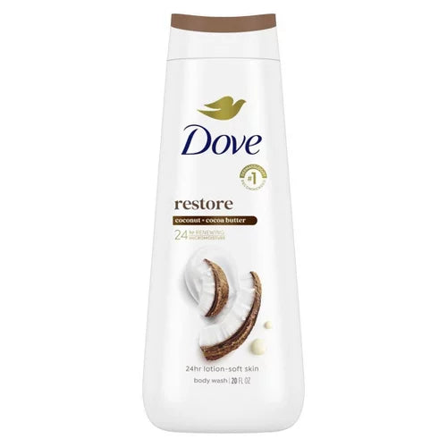 Dove Restore Body Wash - Coconut & Cocoa Butter 24hr Lotion-Soft Skin - 20oz: Ideal for Oily, Dry, Mature Skin, Vegan