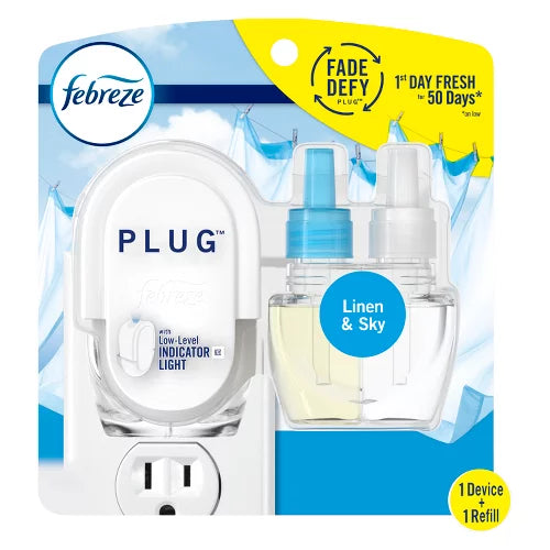 Febreze Fade Defy Plug Air Freshener & Odor Fighter Starter Kit - Linen & Sky - 0.87 fl oz: Electric, Disposable, 2-Pack